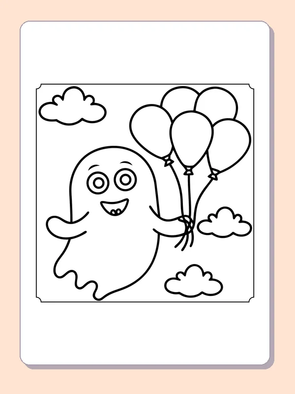 Ghost Carrying Balloons coloring page, black and white printable line art