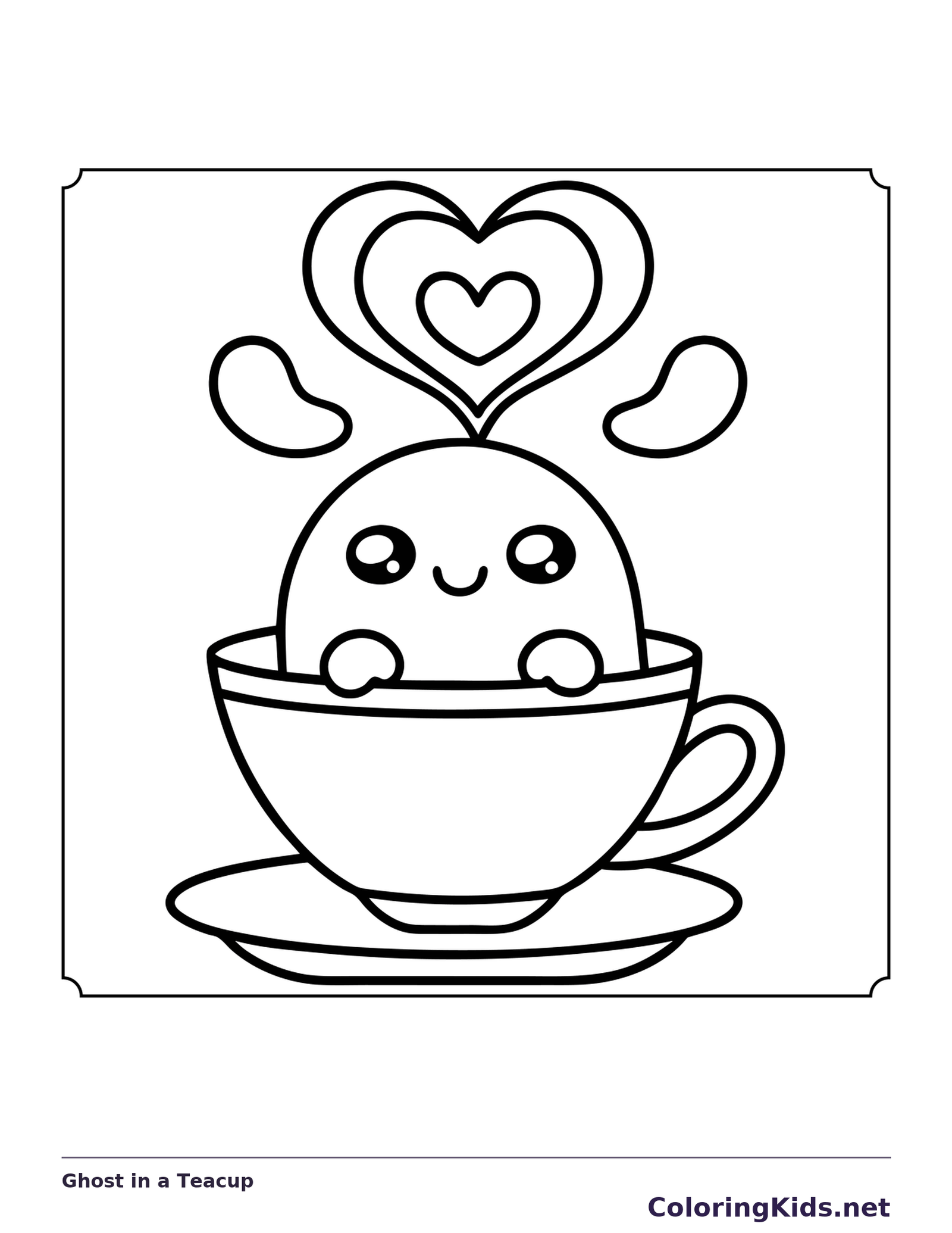 Ghost in a Teacup coloring page, black and white printable line art