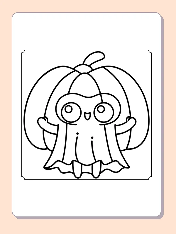 Ghost Wearing a Pumpkin Hat coloring page, black and white printable line art