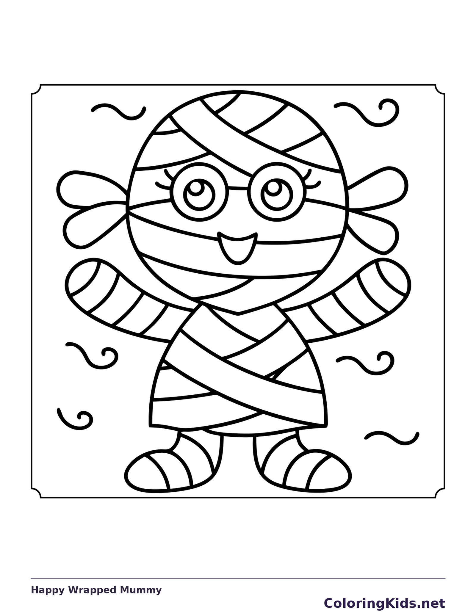 Happy Wrapped Mummy coloring page, black and white printable line art