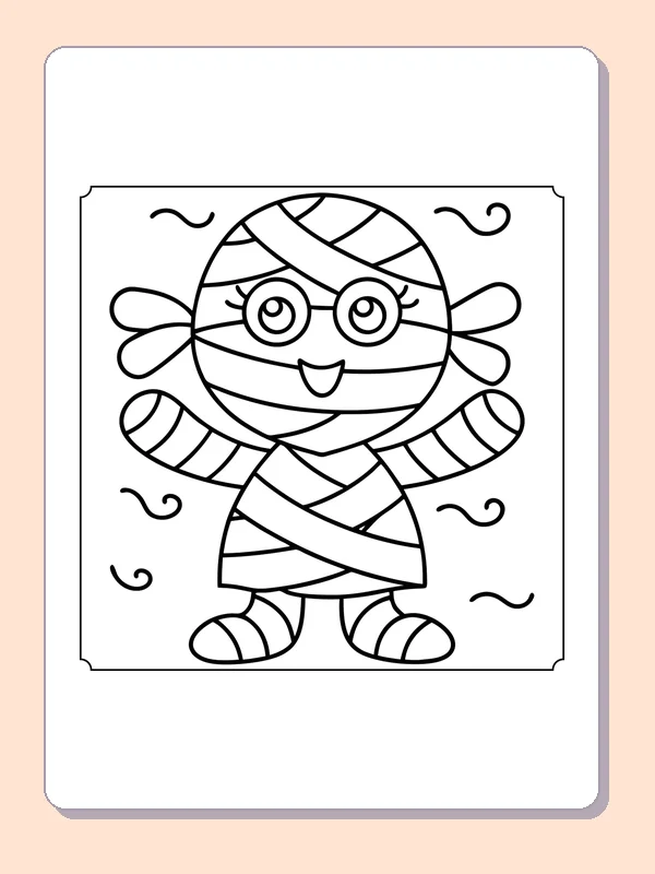 Happy Wrapped Mummy coloring page, black and white printable line art