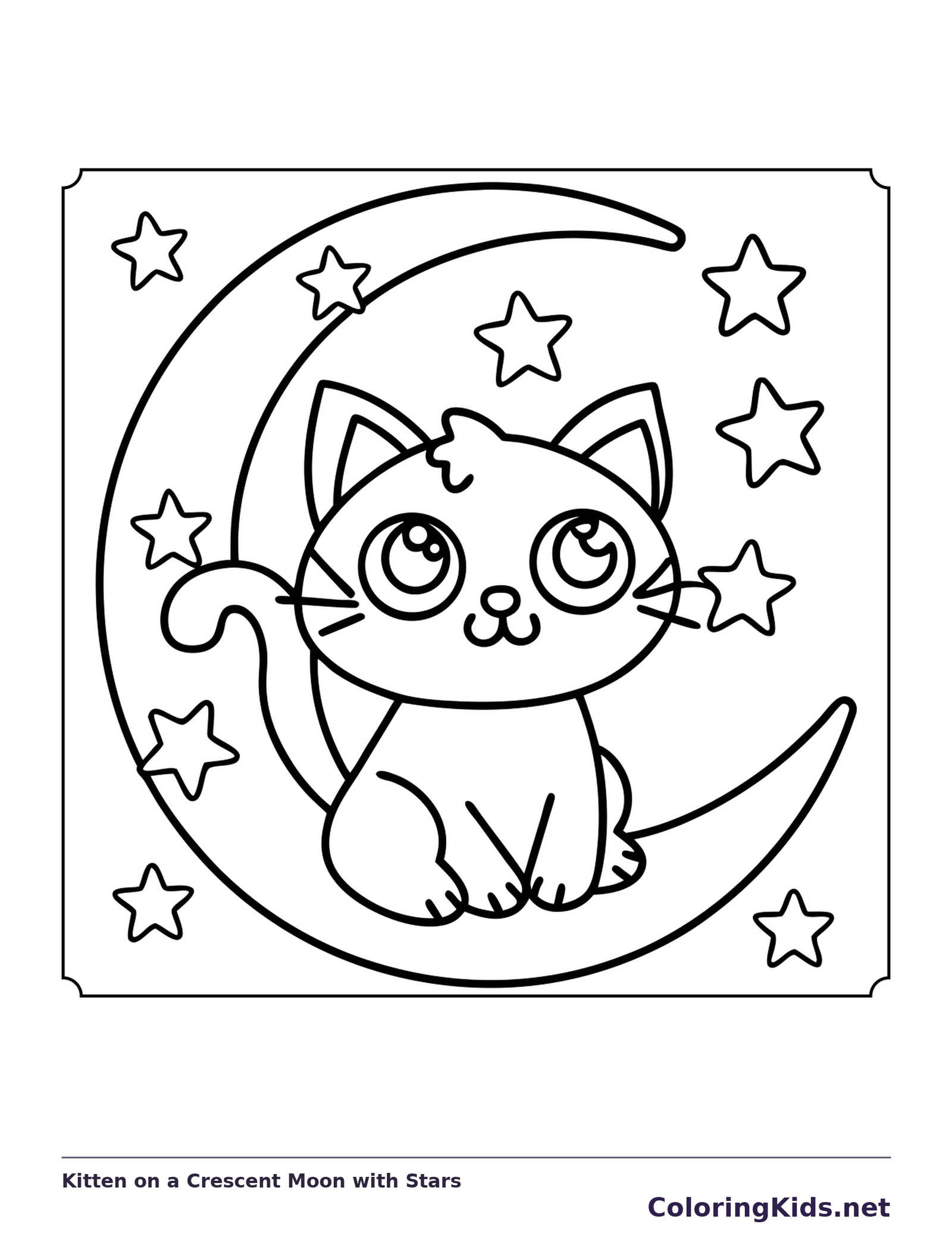 Kitten on a Crescent Moon with Stars coloring page, black and white printable line art