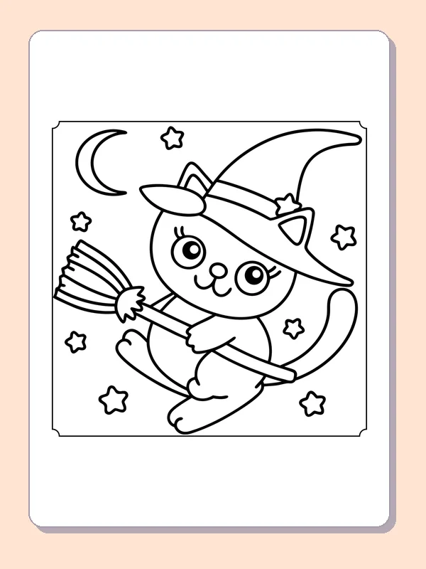 Kitten Riding a Witch's Broom coloring page, black and white printable line art