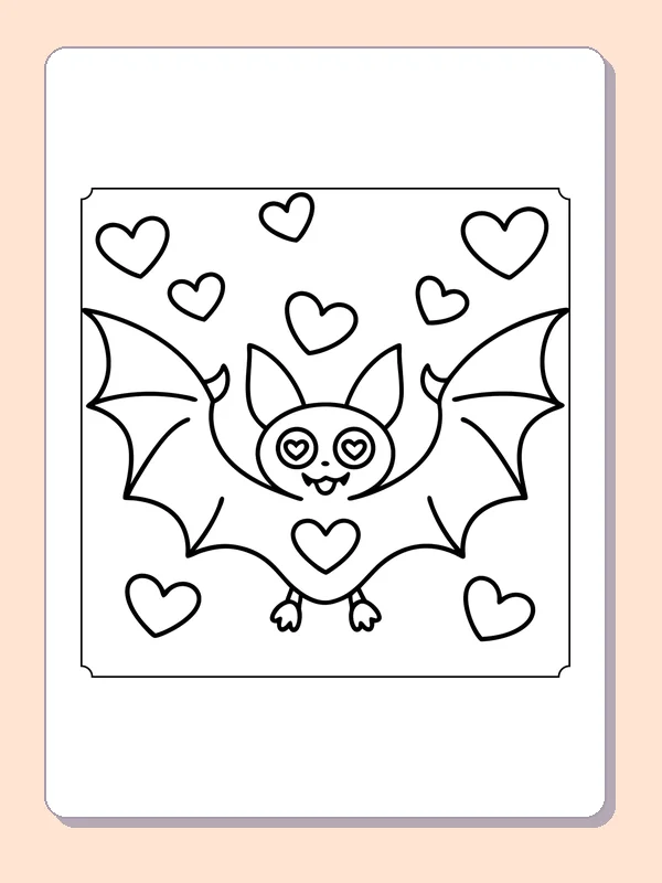 Little Bat Surrounded by Hearts coloring page, black and white printable line art