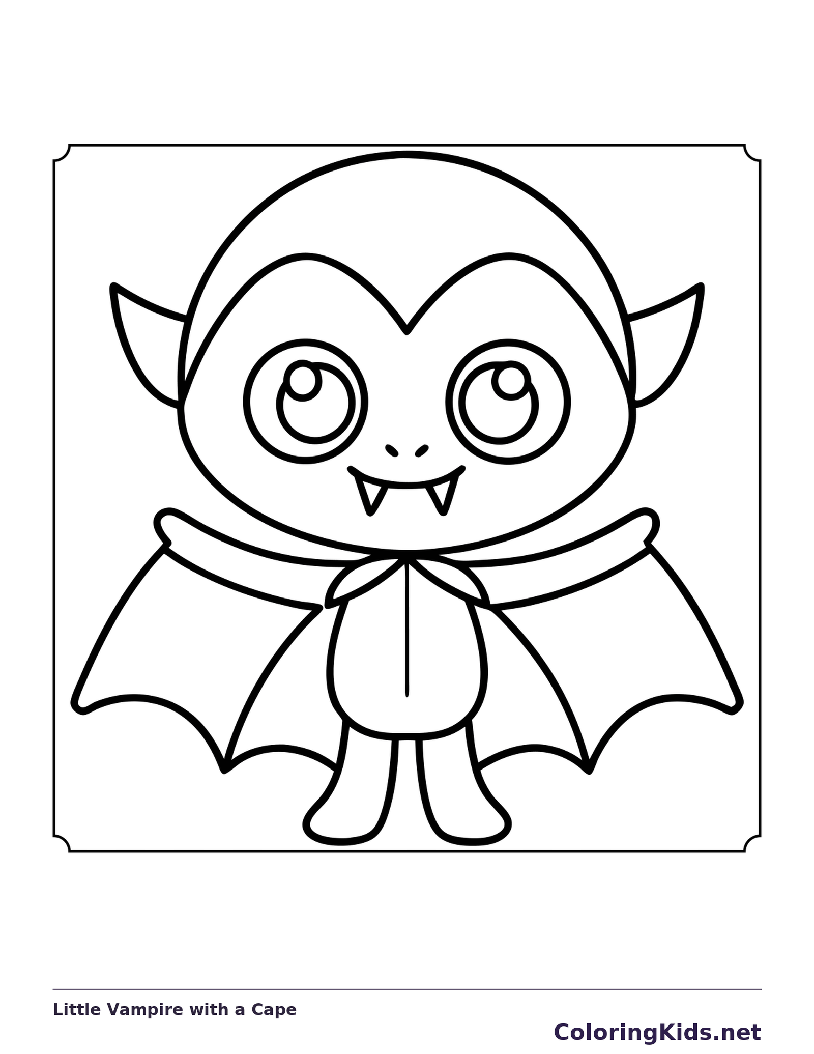 Little Vampire with a Cape coloring page, black and white printable line art