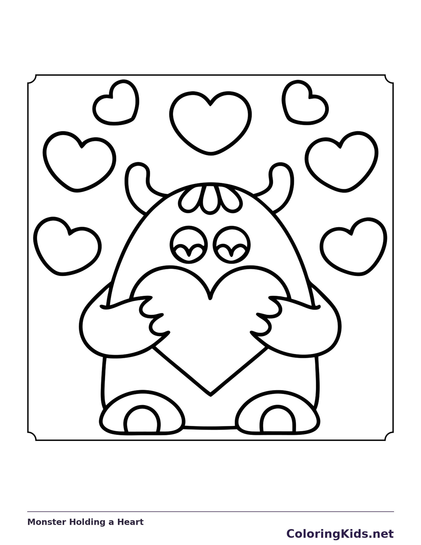 Monster Holding a Heart coloring page, black and white printable line art