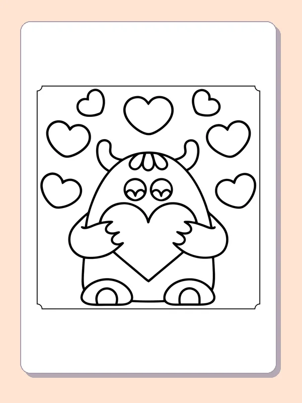 Monster Holding a Heart coloring page, black and white printable line art
