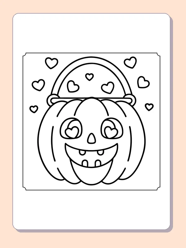 Pumpkin with Heart Eyes coloring page, black and white printable line art