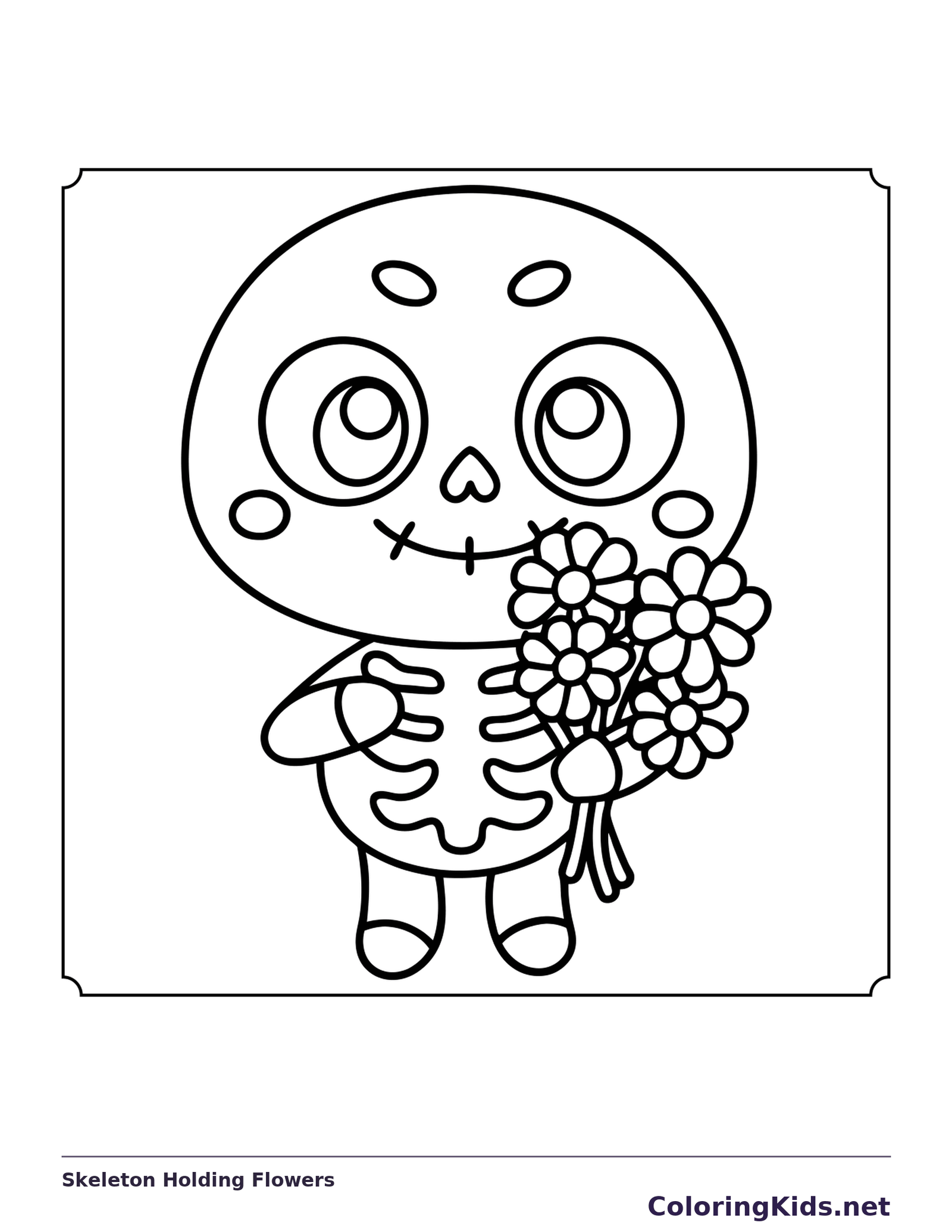 Skeleton Holding Flowers coloring page, black and white printable line art