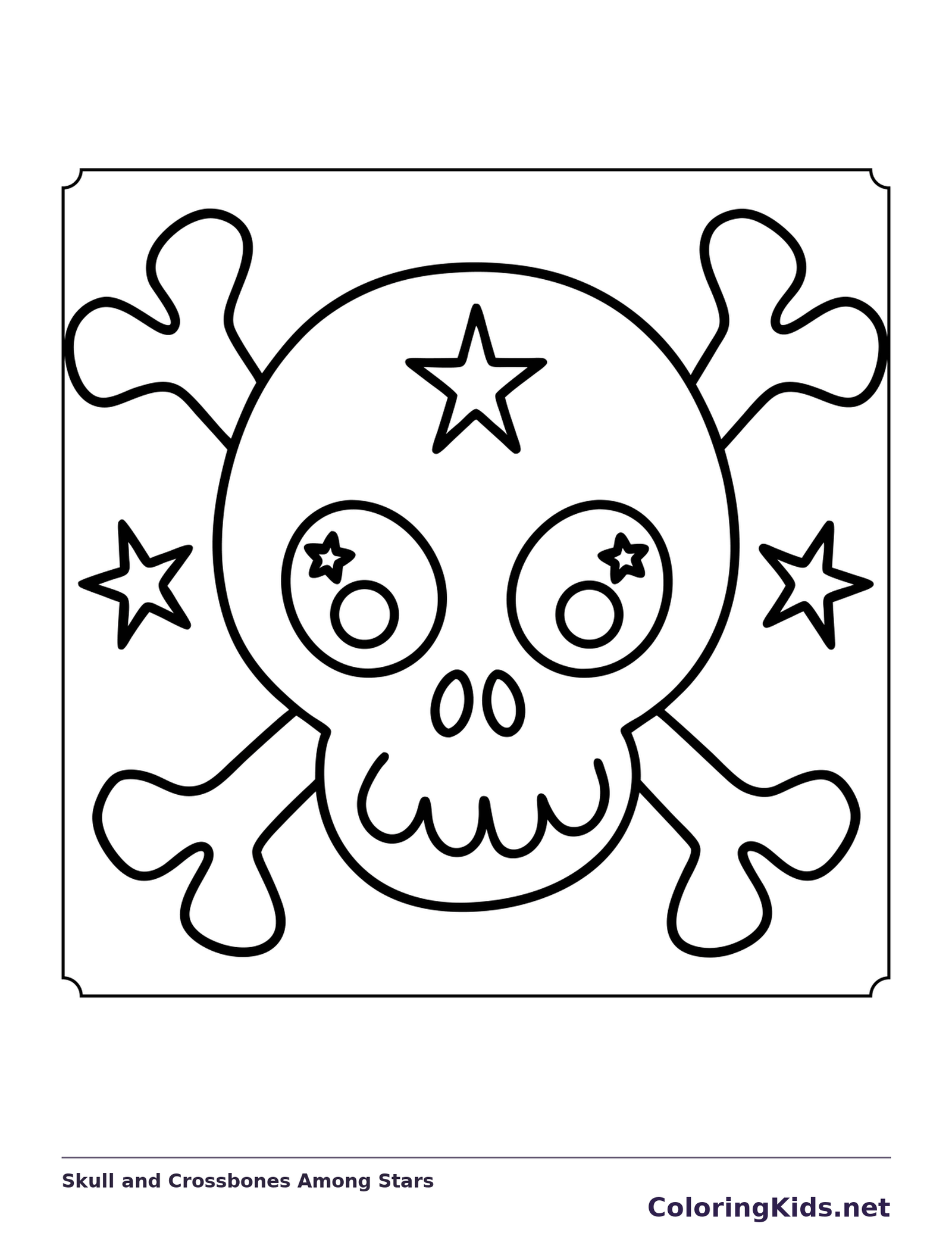 Skull and Crossbones Among Stars coloring page, black and white printable line art