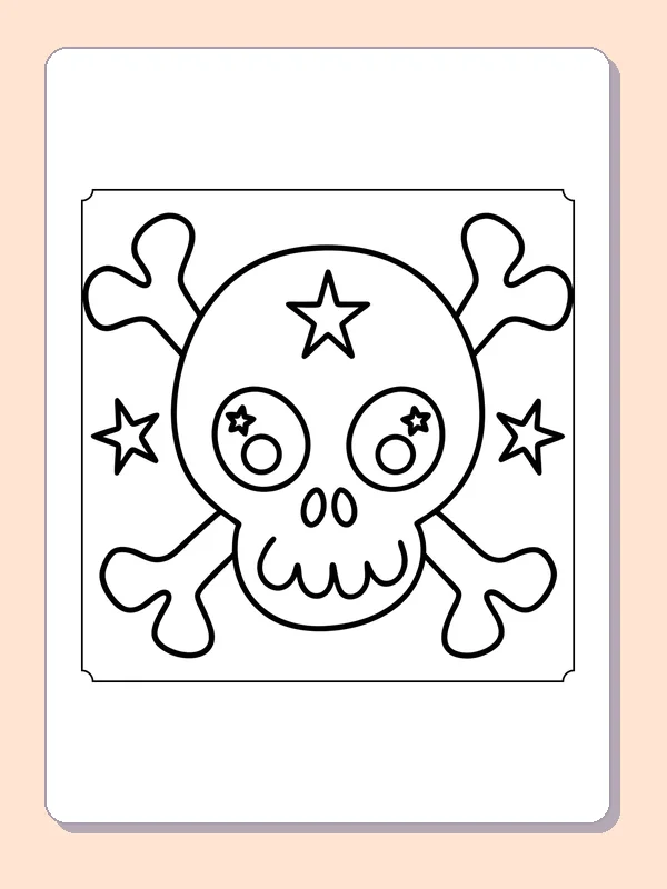 Skull and Crossbones Among Stars coloring page, black and white printable line art