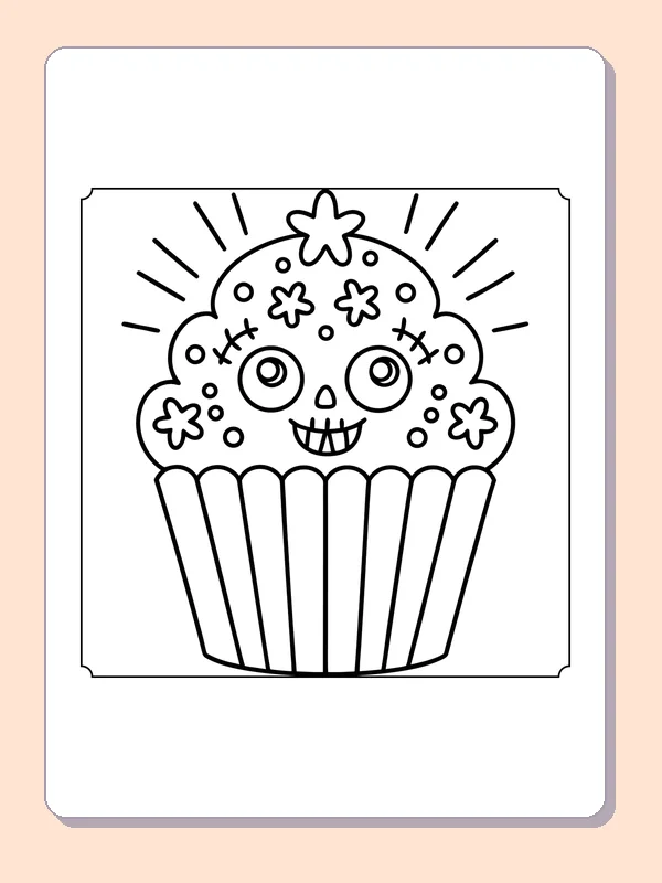 Skull Cupcake coloring page, black and white printable line art