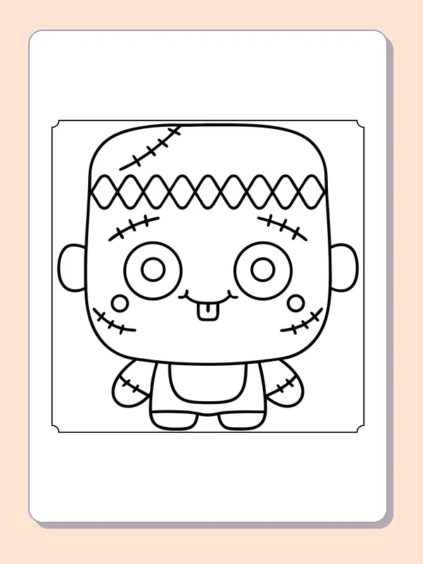 Smiling Frankenstein Monster coloring page, black and white printable line art
