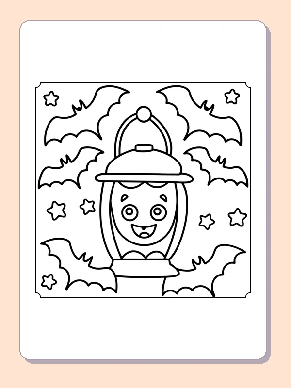 Smiling Jack-o'-Lantern Among Bats coloring page, black and white printable line art