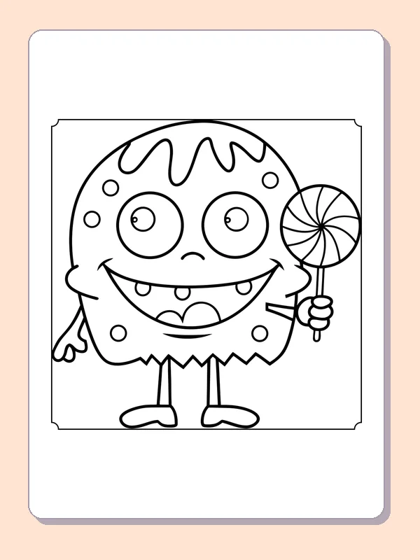 Smiling Monster with a Lollipop coloring page, black and white printable line art