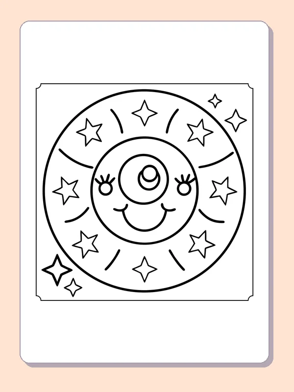 Smiling Moon and Stars coloring page, black and white printable line art