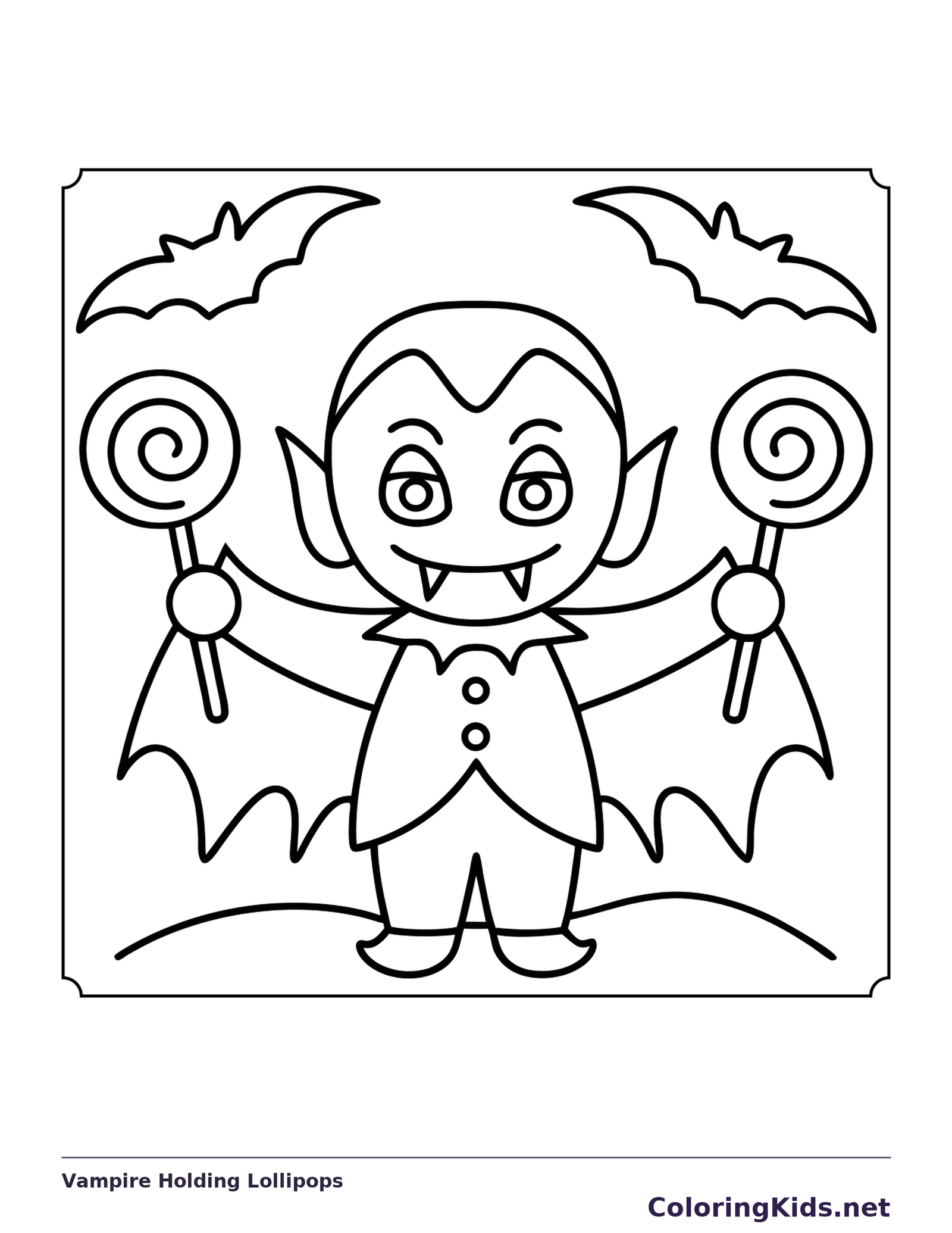 Vampire Holding Lollipops coloring page, black and white printable line art