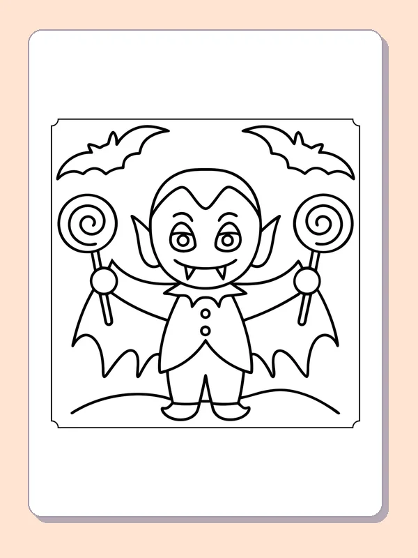 Vampire Holding Lollipops coloring page, black and white printable line art