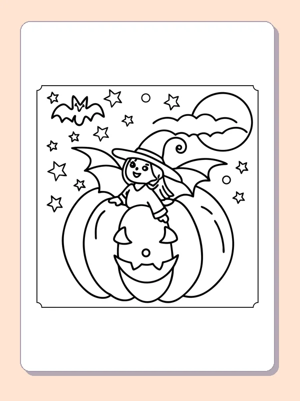 Witch Riding a Pumpkin coloring page, black and white printable line art