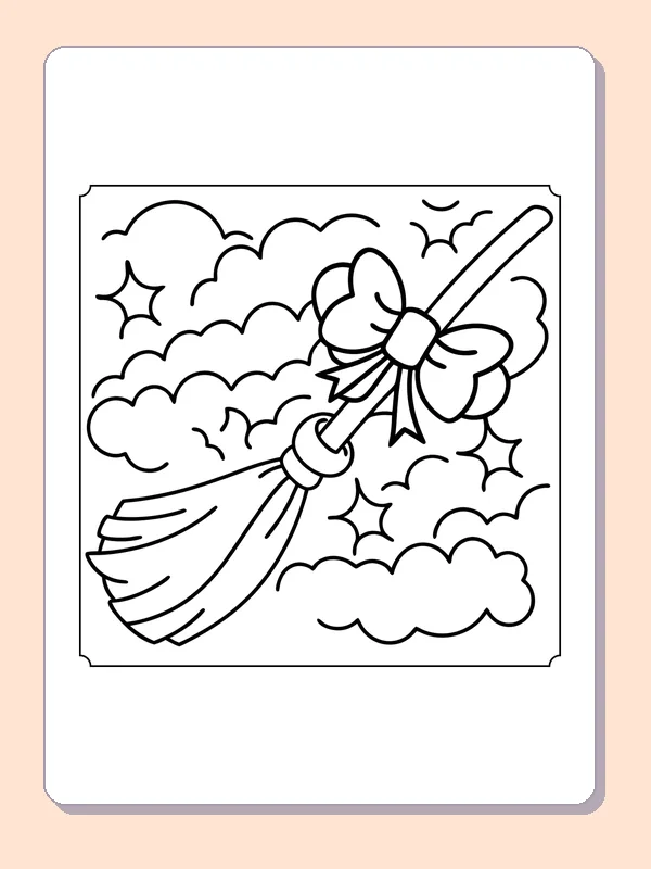 Witch's Broom Flying Through Clouds coloring page, black and white printable line art