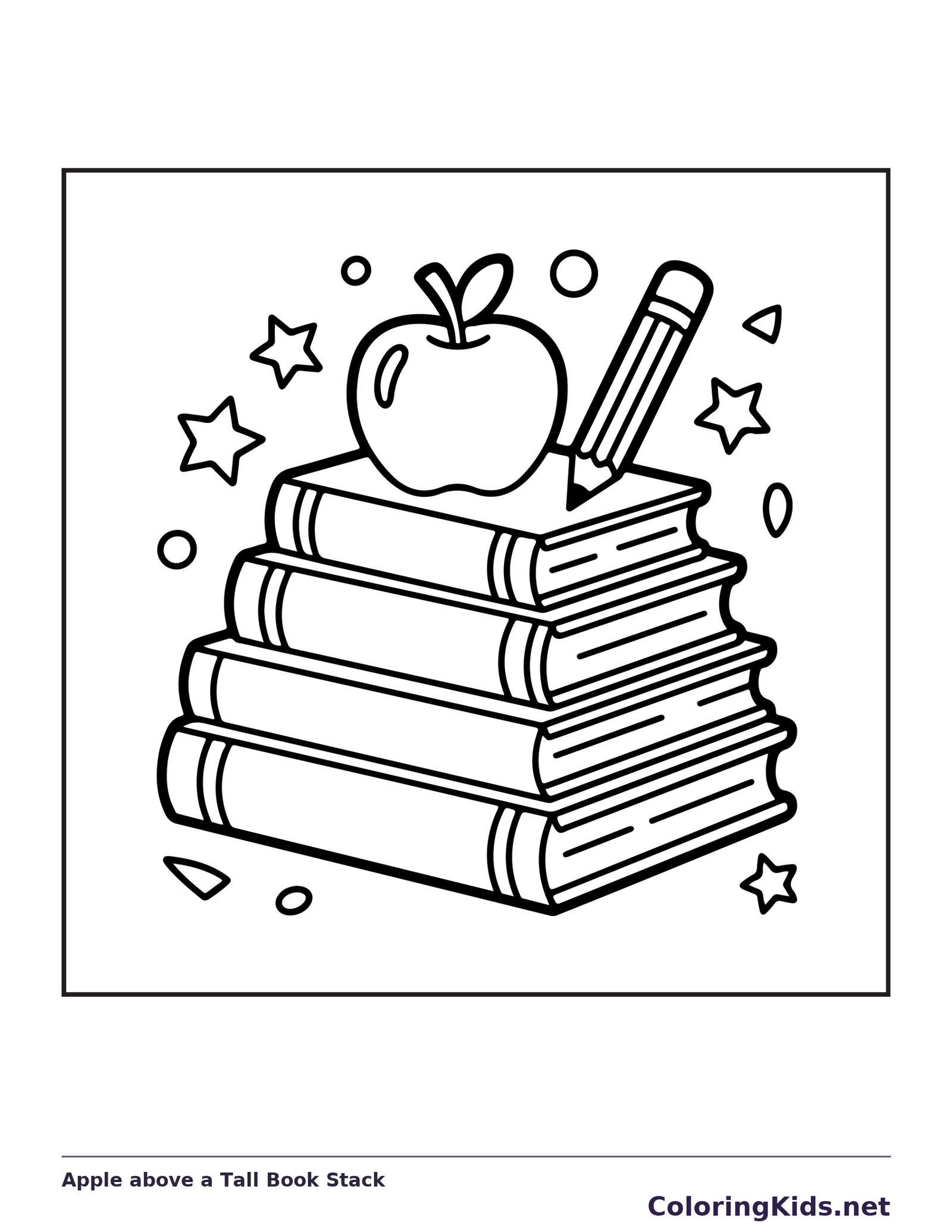 Apple above a Tall Book Stack coloring page: black and white line art to print or color online