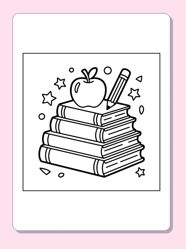 Apple above a Tall Book Stack coloring page: black and white line art to print or color online