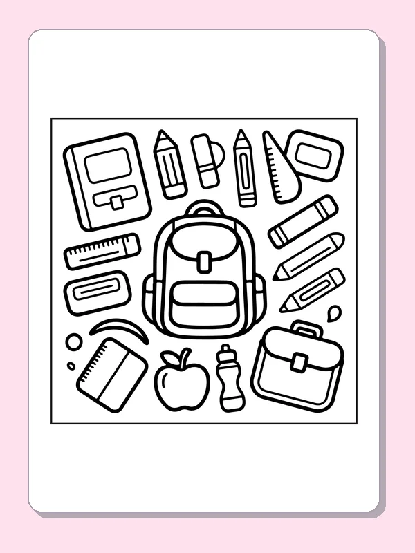 Backpack amid Scattered School Tools coloring page: black and white line art to print or color online