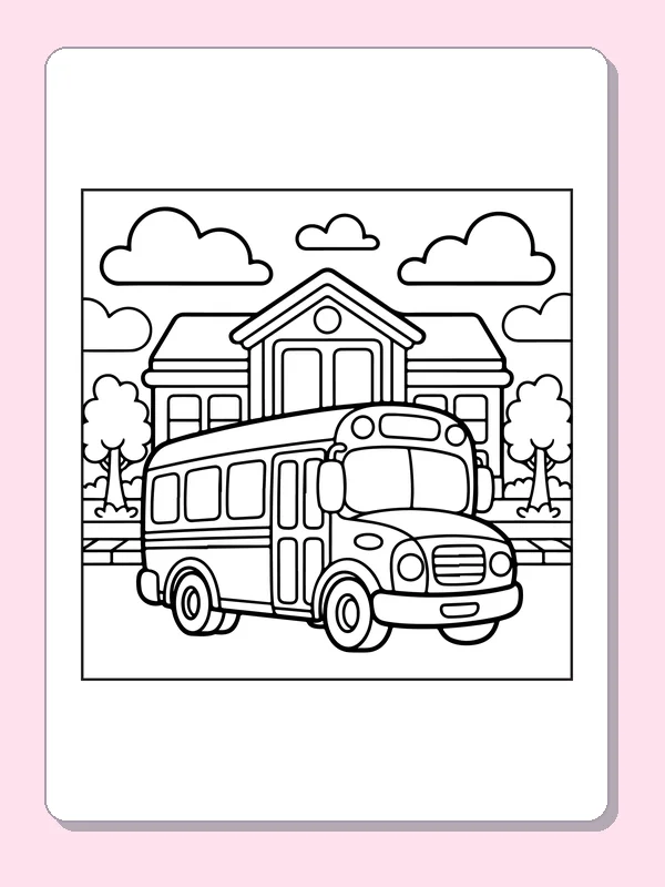 School Bus beside Flower Beds coloring page: black and white line art to print or color online