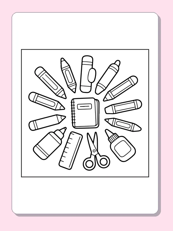 Notebook inside a Supply Circle coloring page: black and white line art to print or color online