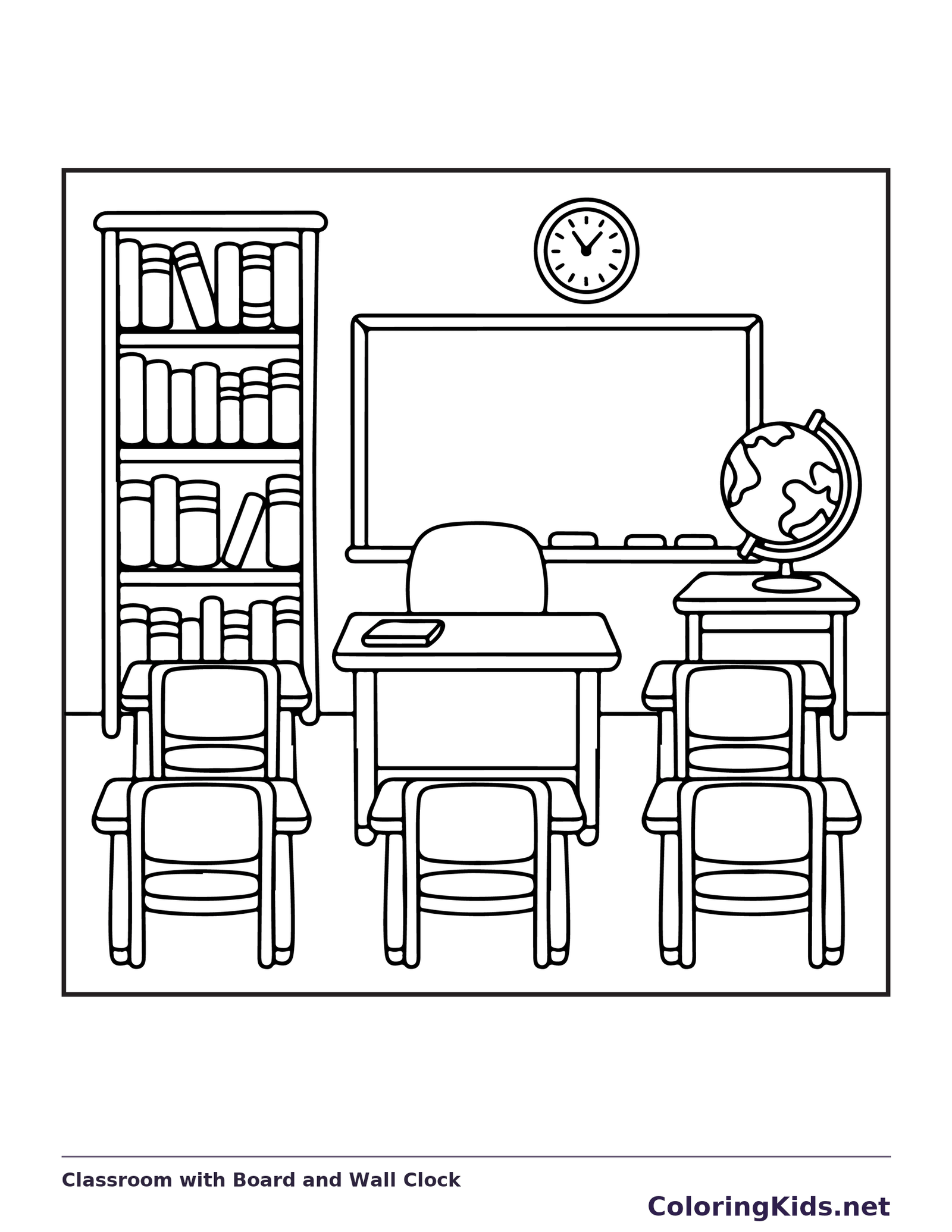 Classroom with Board and Wall Clock coloring page: black and white line art to print or color online