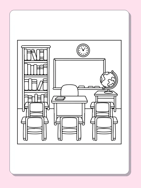 Classroom with Board and Wall Clock coloring page: black and white line art to print or color online