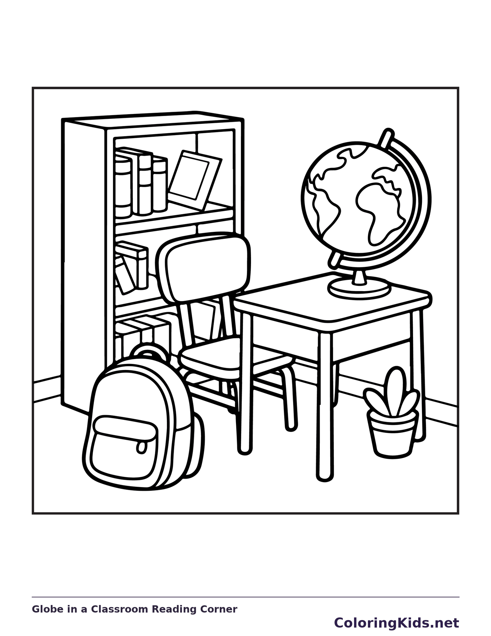 Globe in a Classroom Reading Corner coloring page: black and white line art to print or color online