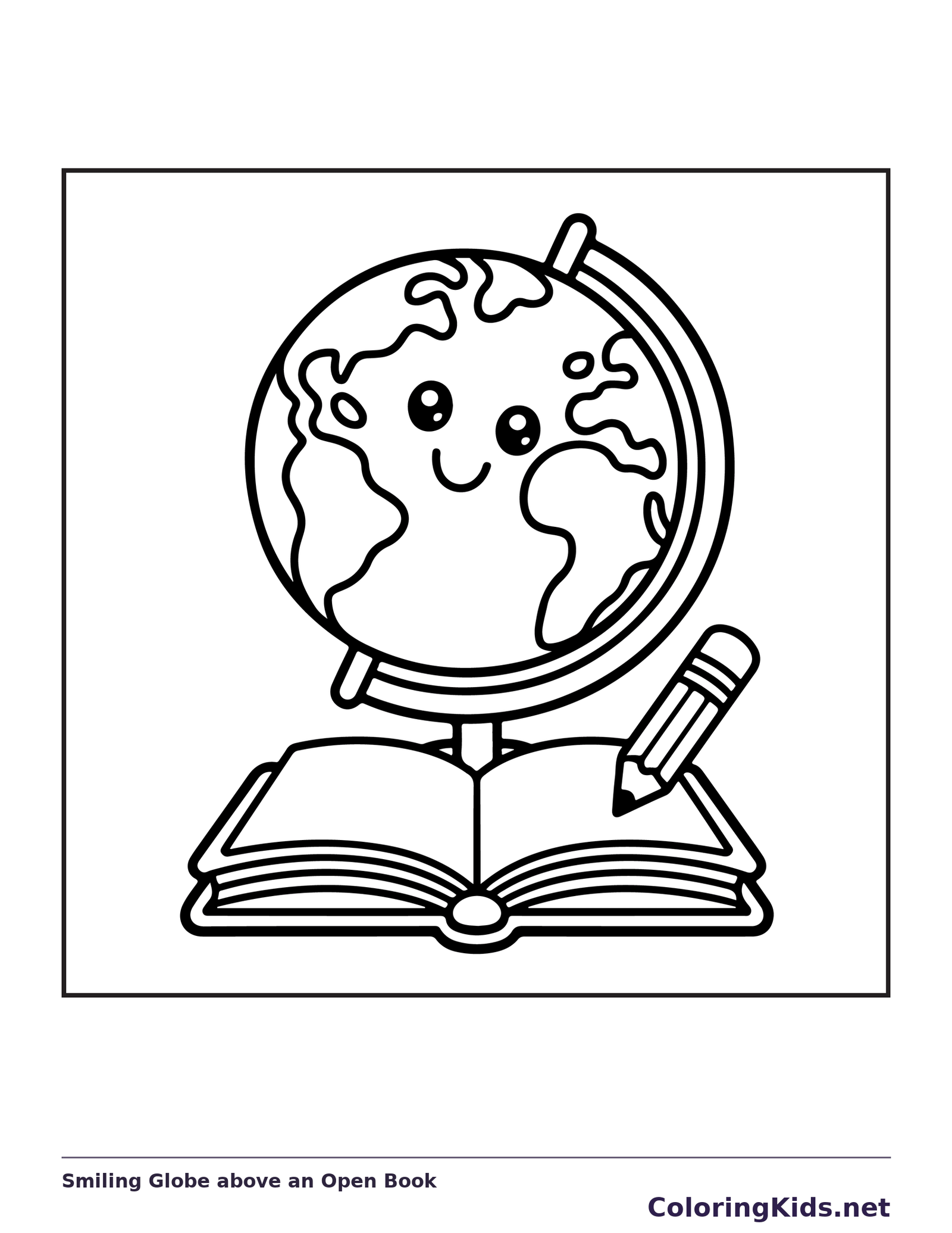 Smiling Globe above an Open Book coloring page: black and white line art to print or color online