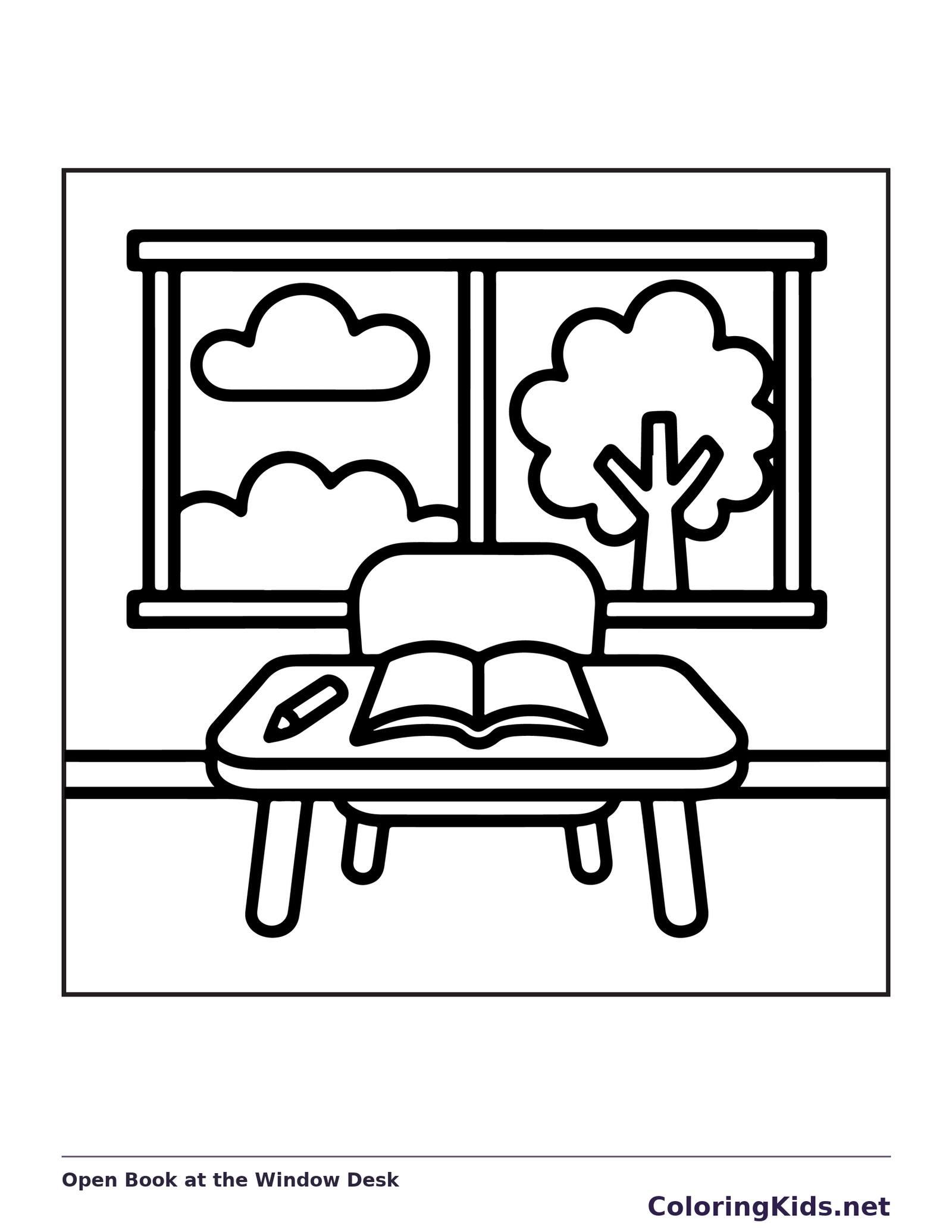 Open Book at the Window Desk coloring page: black and white line art to print or color online
