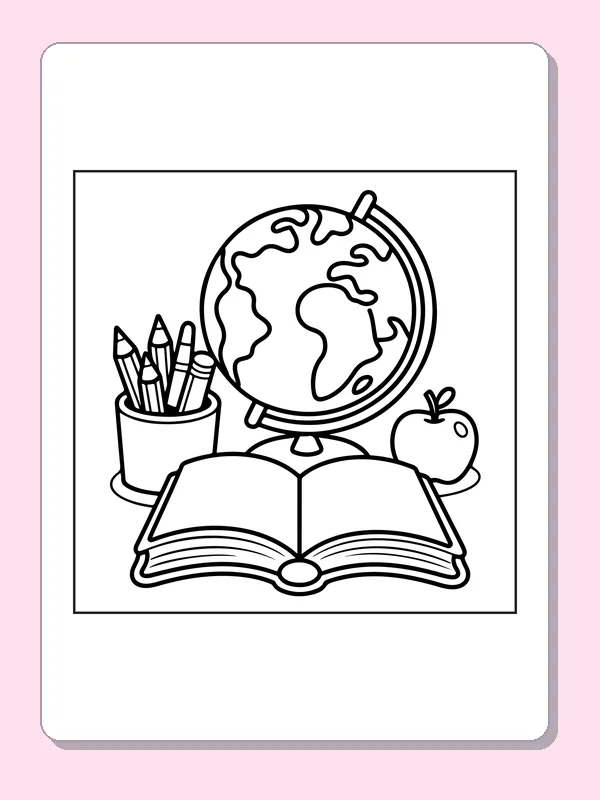 Globe, Apple and Open Schoolbook coloring page: black and white line art to print or color online
