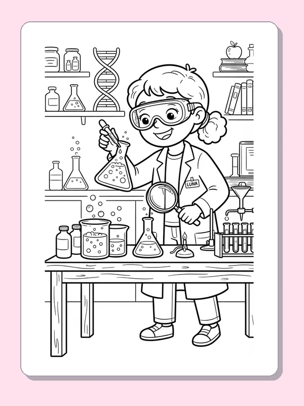 Black and white coloring page of a child scientist wearing safety goggles while lifting a bubbling flask