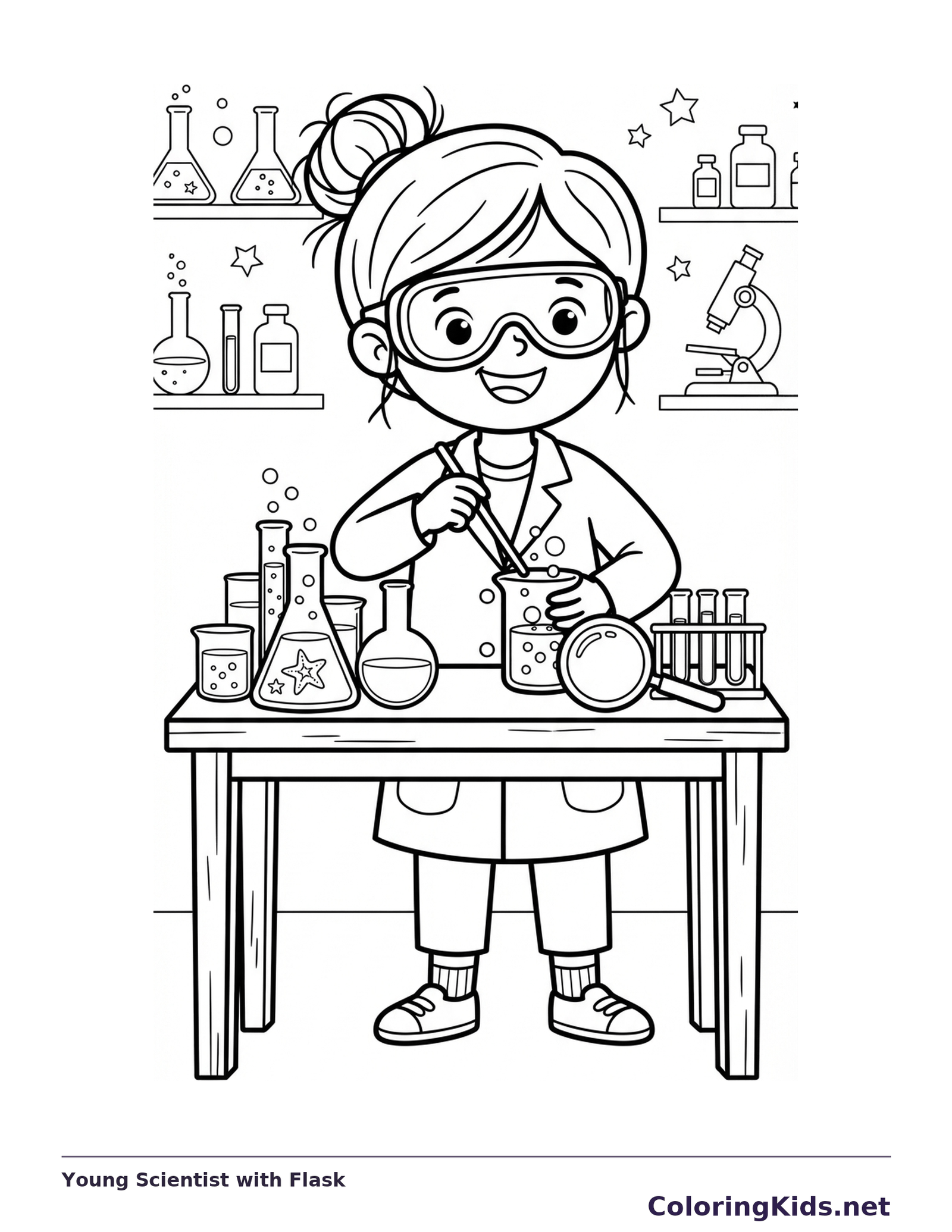 Child scientist in goggles working at a bench with flasks and jars