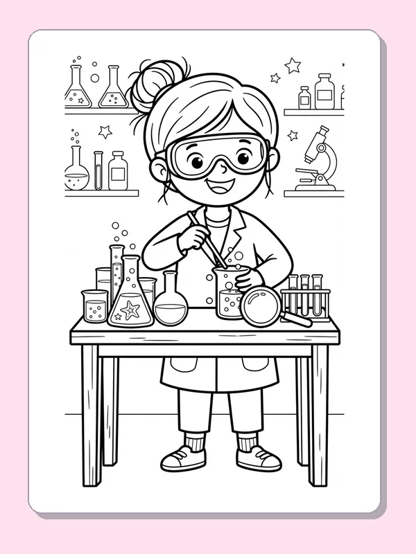 Child scientist in goggles working at a bench with flasks and jars