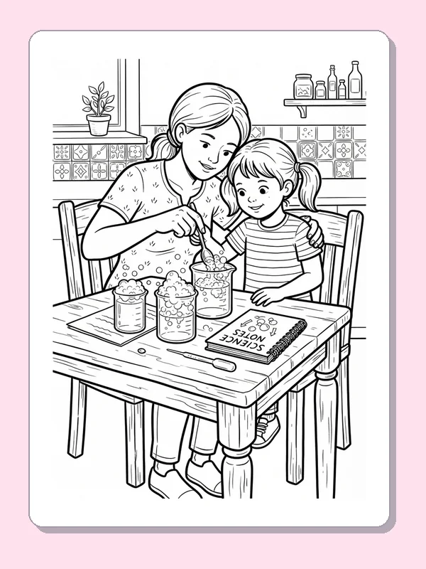 Black and white coloring page of an adult and child carefully mixing a small experiment at the kitchen table