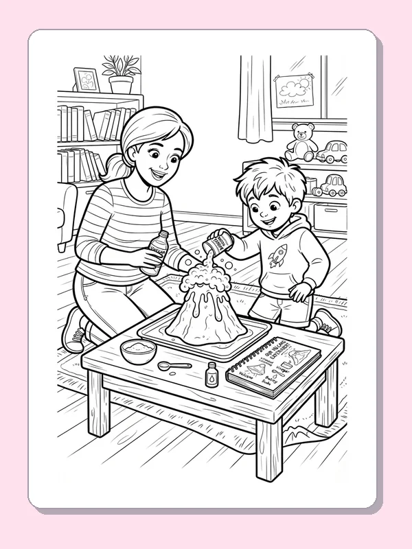 Black and white coloring page of an adult and child watching a homemade volcano fizz at the table
