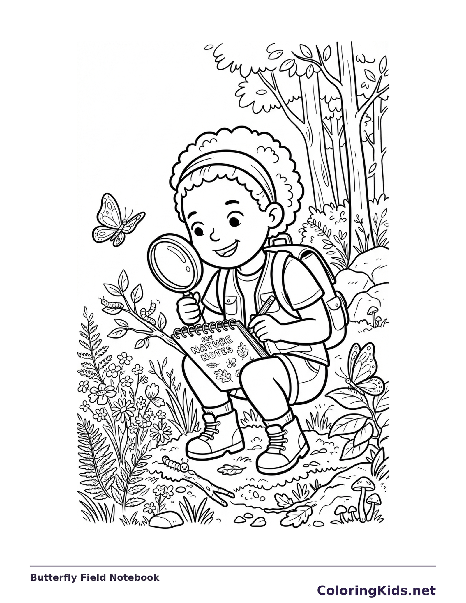 Black and white coloring page of a young scientist crouching beside a butterfly with a magnifier and notes