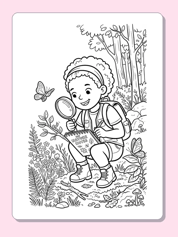 Black and white coloring page of a young scientist crouching beside a butterfly with a magnifier and notes