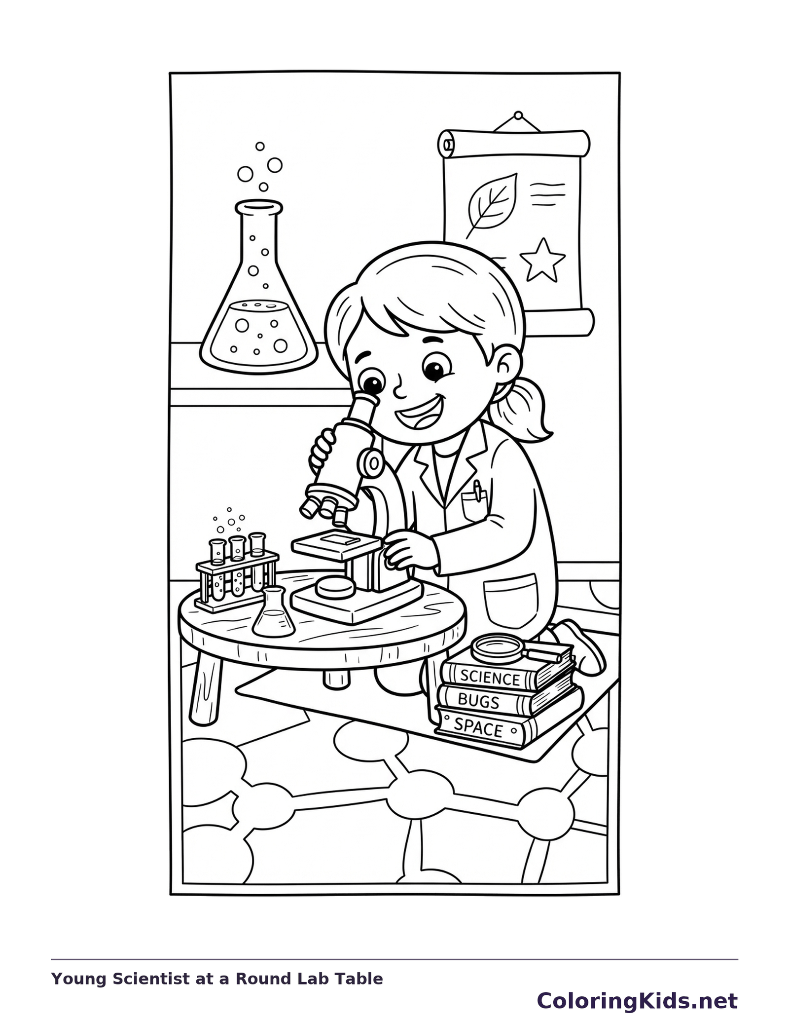 Young scientist looking through a microscope beside test tubes and science books