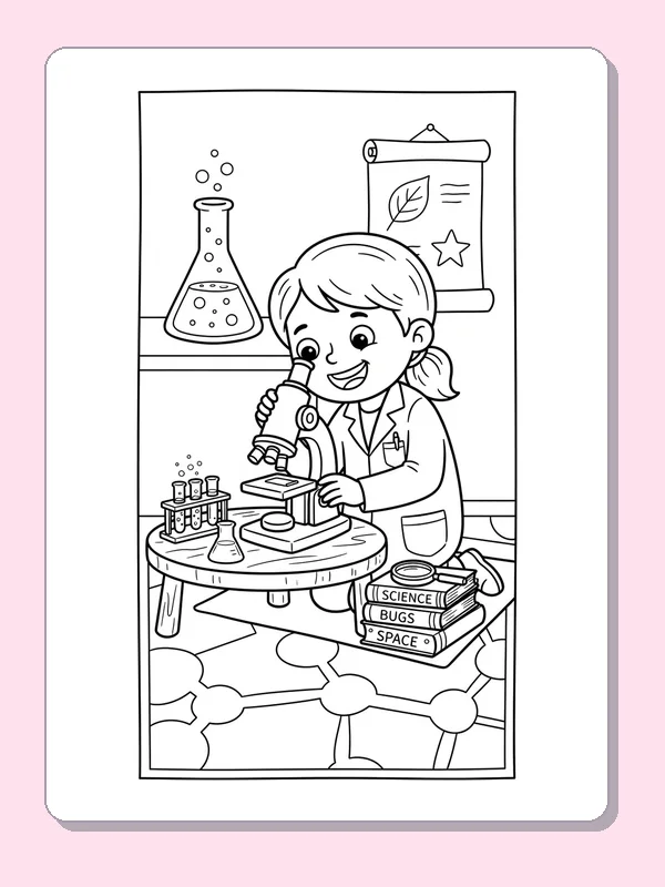 Young scientist looking through a microscope beside test tubes and science books