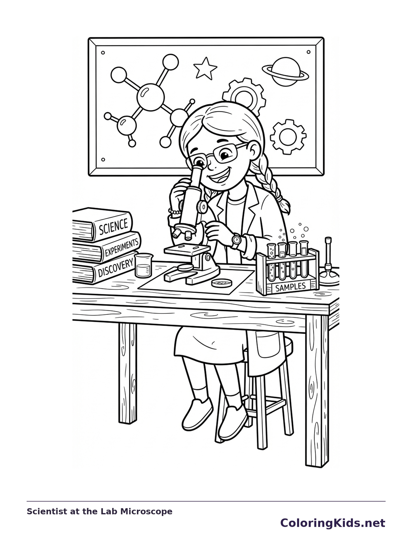 Young scientist peering into a microscope at a lab bench