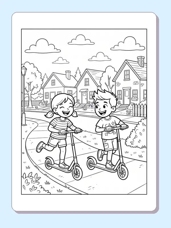 Black and white coloring page of two children riding separate kick scooters down a quiet neighborhood street
