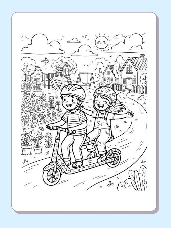 Black and white coloring page of two helmeted children standing together on one long scooter