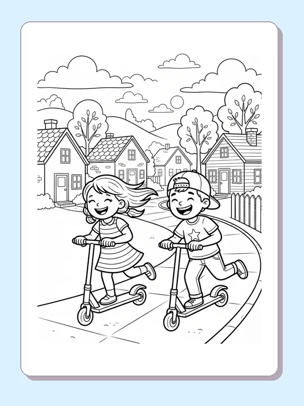 Two children riding separate kick scooters on a neighborhood path