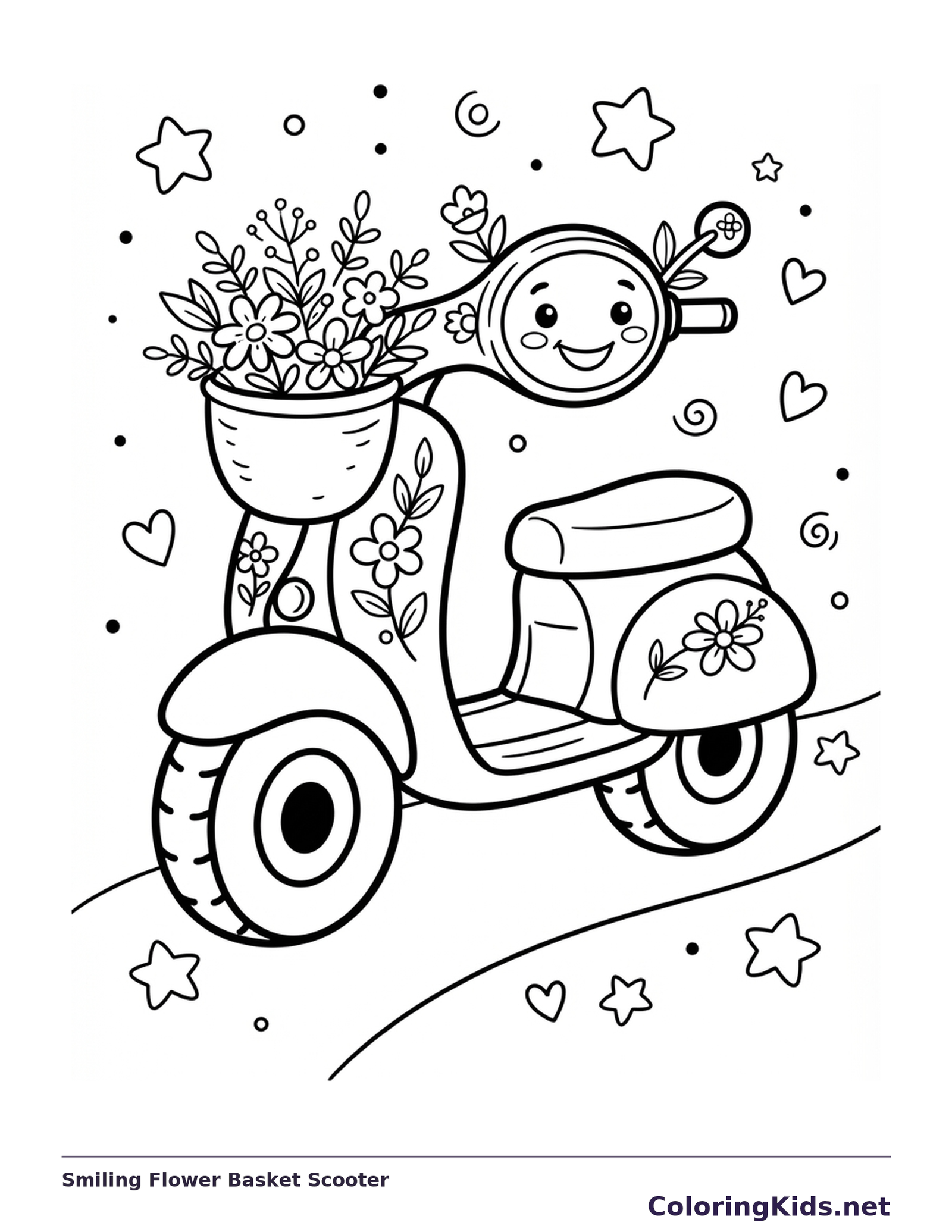 Smiling Flower Basket Scooter coloring page | ColoringKids.net