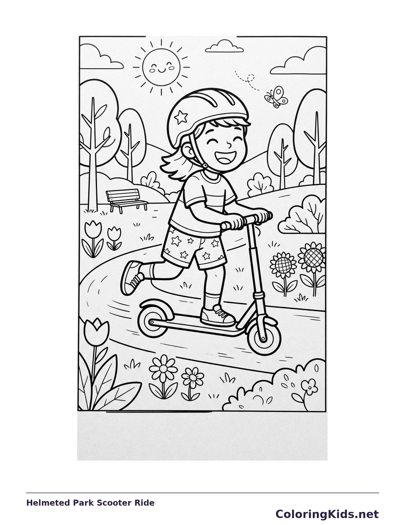 Black and white coloring page of a helmeted child riding a kick scooter along a flower lined park path